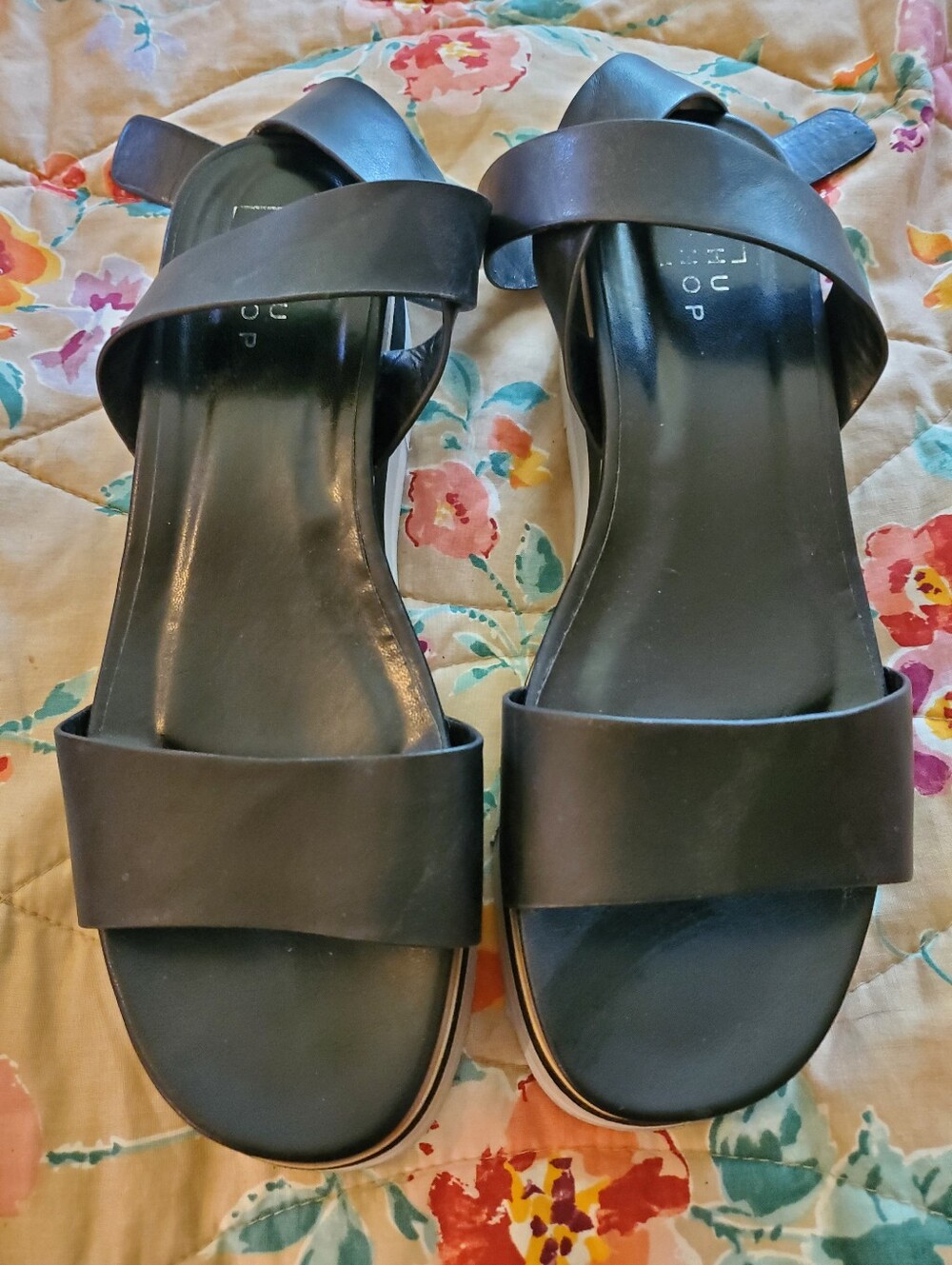 Black Leather Platform Ankle Strap Sandals